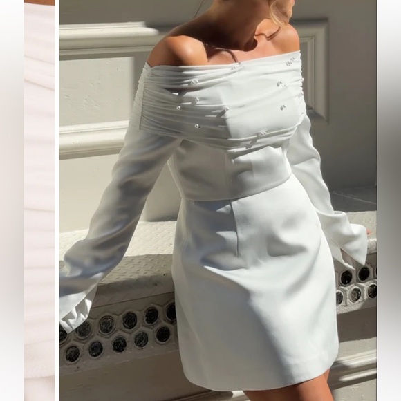 Pearl Trim Bardot Mini Dress - White - Picture 5 of 5